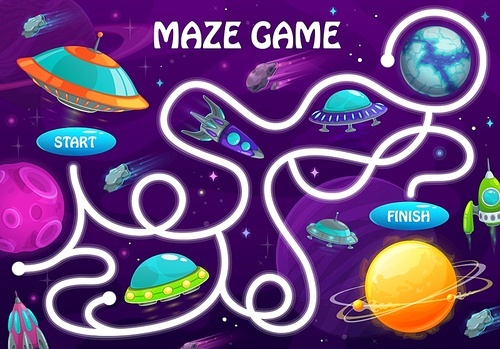 Labyrinth maze game with space planets and shuttles. Kids vector board game with rockets and alien ufo saucers in galaxy. Boardgame with tangled path, start and finish, cartoon educational child test