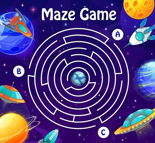 Space labyrinth maze in galaxy. Kids vector boardgame with spaceships and planets. Board game with rockets in space and path with tree entrance and earth globe in center. Cartoon riddle with shuttles