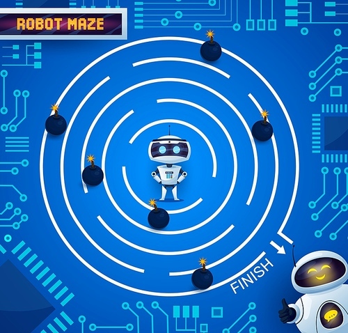 Robots and motherboard labyrinth maze game, kids cartoon vector boardgame. Find way maze labyrinth escape or puzzle riddle with android robot on computer motherboard, brain activity leisure game