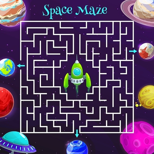 Cartoon space labyrinth maze game of vector kids education design. Puzzle game, riddle, quiz or test with square maze, help spaceship or shuttle to find right way to Earth and alien space planets