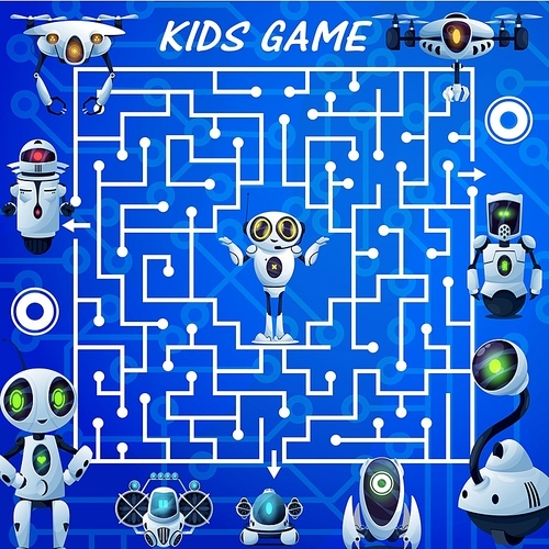 Kids labyrinth maze game, cartoon robots vector boardgame. Find correct way test with ai bots, cyborgs, drones and androids. Worksheet riddle with square field, tangled path and cute droid in center