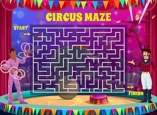 Labyrinth maze game on shapito circus vector background. Kids education square maze puzzle, logic riddle or test with find right way from start to finish task, circus acrobats and elephant on stage