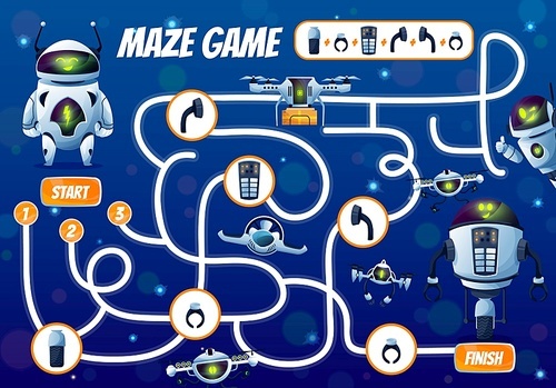 Fix the robot vector kids maze game or start to finish labyrinth. Children education puzzle, riddle or test, help cartoon robot, android bot, droid drone and quadcopter find right way to spare parts