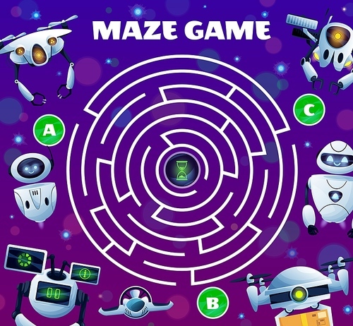 Robots labyrinth maze game, vector kid boardgame with ai robots, cyborgs and androids. Worksheet riddle with round field, tangled path and three entries with sandglass in center. Find correct way test