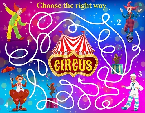 Labyrinth maze vector kids game with circus clowns. Find right way to circus shapito big top tent education game, logic puzzle, riddle or quize with cartoon clown characters of shapito carnival show