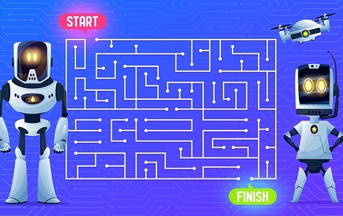 Robots on motherboard, labyrinth maze game, kids boardgame, vector cartoon. Find way maze labyrinth escape or puzzle riddle with android robots, drone quadcopter and chatbots on computer motherboard