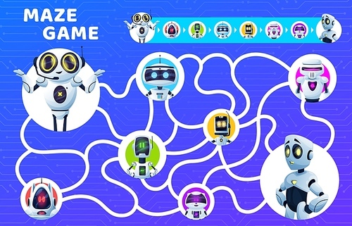 Labyrinth maze game, kids riddle with cartoon vector robots. Find right way education puzzle, attention test or quiz, board game template with map, robots, artificial intelligence droids and bots