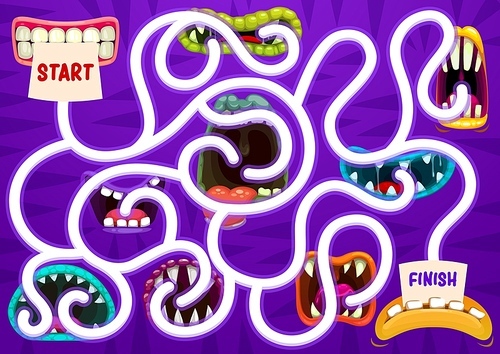 Kids search way game with monsters open toothy maws. Children find path exercise, cartoon vector child labyrinth activity with spooky creatures open mouth with sharp teeth and tongue in saliva