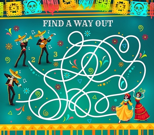 Labyrinth maze game, Dia de los Muertos riddle with skeletons. Kids education vector puzzle, quiz or rebus with find right way task, Mexican Day of the Dead holiday skulls, papel picado and sombreros