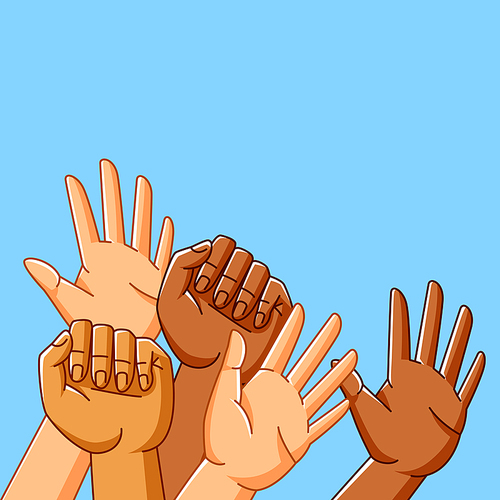 Illustration of hands with banner. Picket sign or protest placard with wooden stick on demonstration or protest. People holding blank demonstration poster.