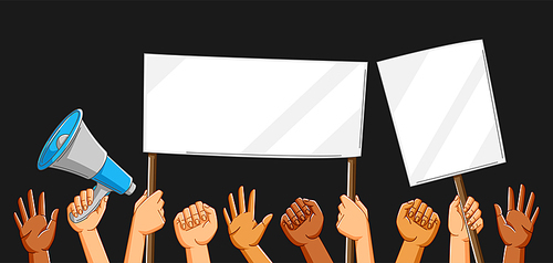 Illustration of hands with banners. Picket signs or protest placards on demonstration or protest. People holding blank demonstration posters. Raised fists and gestures.