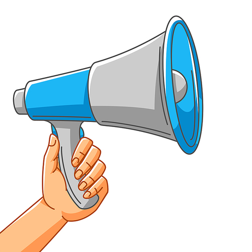 Illustration of hand with loudspeaker. Picket sign on demonstration or protest. People holding speaker.