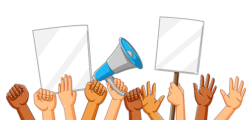 Illustration of hands with banners. Picket signs or protest placards on demonstration or protest. People holding blank demonstration posters. Raised fists and gestures.