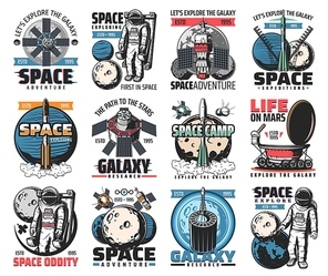 Space vector icons. Astronaut in galaxy, rocket in outer cosmos, shuttle expedition, exploration or adventure. Satellite in space, rover explore alien planet surface, colonization mission labels set