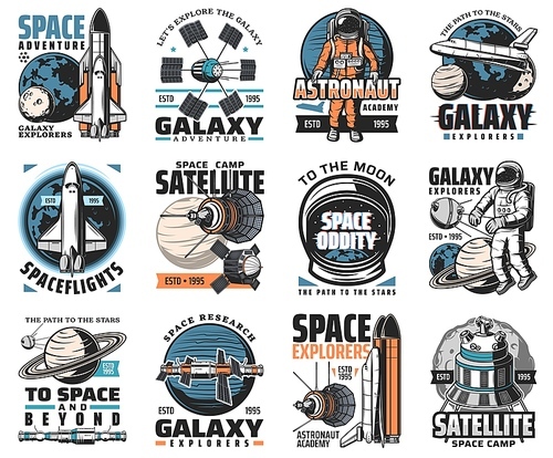 Galaxy exploration vector icons. Astronaut, rocket in outer space, cosmos explore shuttles expedition, research or adventure. Satellite in space, alien planet colonization mission, space labels set