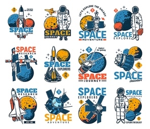 Space and galaxy discovery icons with isolated vector astronauts, spaceships, universe planets and stars, satellites, shuttles, spacesuits and helmets of spaceman. Space adventure or astrology emblems