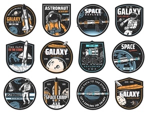 Space vector icons. Cosmonaut in galaxy, rocket in outer cosmos, shuttle expedition, explore or adventure. Satellite in space, colonization mission and galaxy exploration, astronaut academy labels set