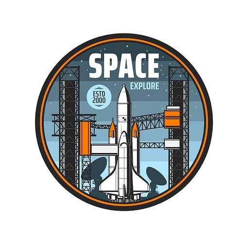 Space explore icon. Spaceship and telescopes antennas, space shuttle with heavy rocket carrier on launch pad. Space discovery program, galaxy observation with radio telescopes retro vector emblem