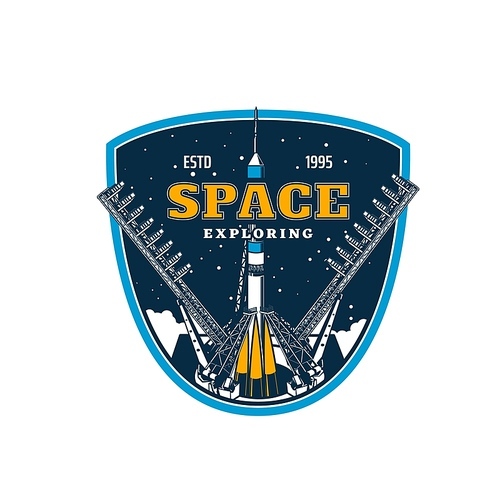 Spaceship on start, space exploring and galaxy discovery, vector icon. Rocket spacecraft launch on spaceport or cosmodrome to space and planets or orbital station mission, spaceman academy