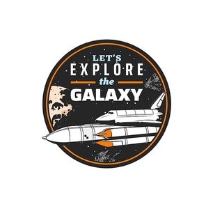 Galaxy explore icon, spaceship and shuttle rocket in space, vector emblem. Orbital station or spacecraft shuttle exploration of planets and galaxy discovery, interstellar spaceflight mission
