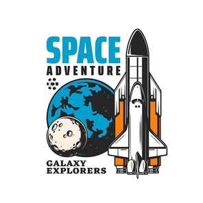 Galaxy explorer icon, rocket spaceship launch to space exploration, vector emblem. Orbital station or spacecraft shuttle and planets, galaxy discovery and interstellar spaceflight