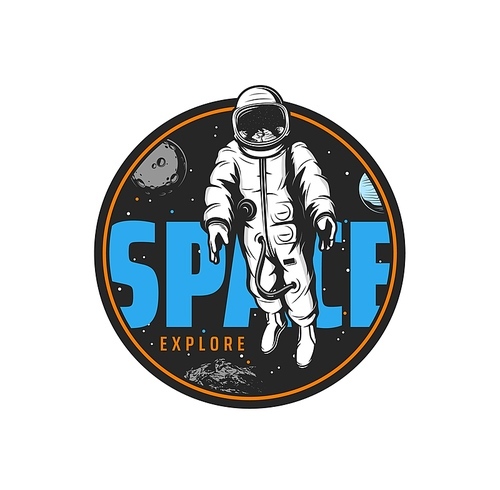 Astronaut in space, icon, spaceman or cosmonaut in universe galaxy, vector. Cosmos explore and planets science or astronomy, space exploration by spaceman in spacesuit on moon or earth sky
