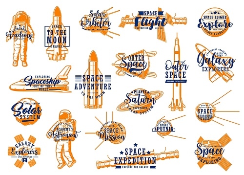 Space rockets, spaceman galaxy expedition to planets of solar system, vector lettering icons. Outer space and universe exploration astronauts in spacecraft, space shuttles and orbit satellites