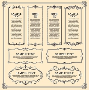 Vintage frame, retro border with ornaments. Banner template with vector victorian decoration dividers, floral patterns and curly lines. Greeting card, wedding invitation or certificate design elements