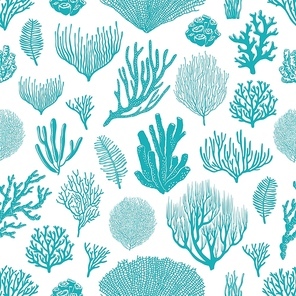 Sea corals, sponges and seaweed seamless pattern. Marine life background, ocean bottom species, aquarium animals and plants, underwater flora and fauna backdrop, textile decoration