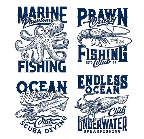 Tshirt prints with underwater animals vector sketch squid, cuttlefish, shrimp, octopus. Scuba diving or fishing club mascots, ocean creatures and grunge typography on white background, t shirt emblems