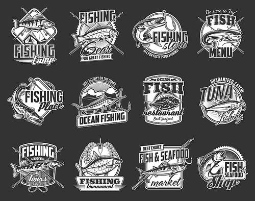 Fishing sport icons set. Sea and river fishes, pike, perch and bream, marlin, tuna and salmon, flounder, sheatfish or catfish, rod and hook. Fishing tournament, tackle store, seafood restaurant emblem
