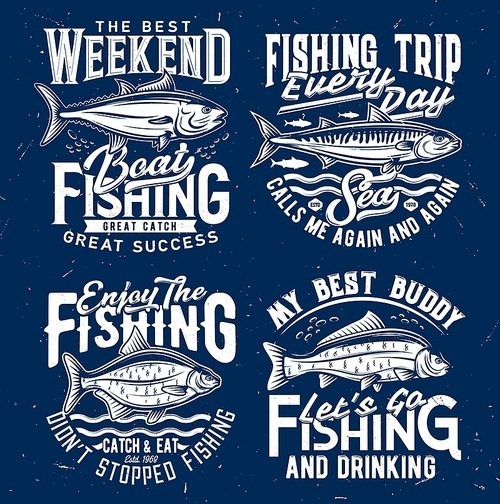 Fishing sport tourism t-shirt  template. Tuna and atlantic mackerel, bream and carp engraved vector. Fishing weekend trip emblem, fisher clothing custom t-shirt  with ocean and river fish