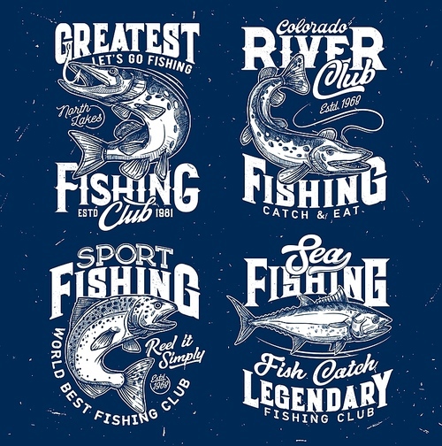 Fishing sport t-shirt prints of salmon, pike, tuna. Sketch vector fishing club, marine or freshwater fish symbols for t-shirt. Fishing sport engraved prints of apparel design