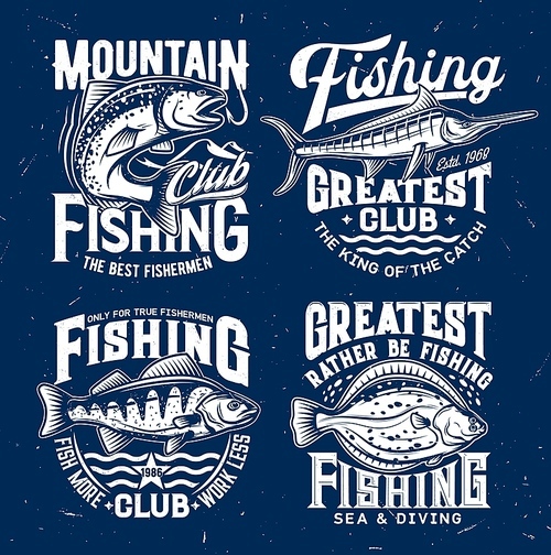 River and marine fishing sport club t-shirt vector . Salmon fish catching fishhook, perch and marlin, engraved flounder. Fishing sport emblem, fishermen apparel custom  with trophy