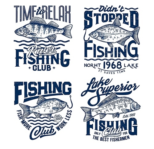 Fishing t-shirt prints with fish, ocean fisher club tee. Lake angling and fisherman sport for big fish catch on rod hook, marine waves vector emblem and fishing quotes for t-shirt prints