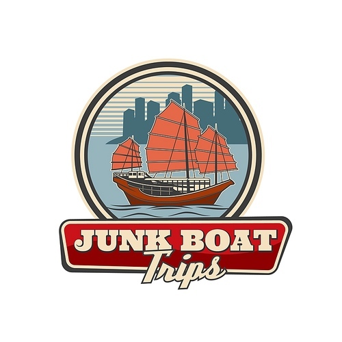 Junk boat with red sail, Hong Kong travel icon, vector sailboat in Chinese harbor. Retro emblem for traveling agency service, asian marine trip on vintage wooden vessel isolated on white 