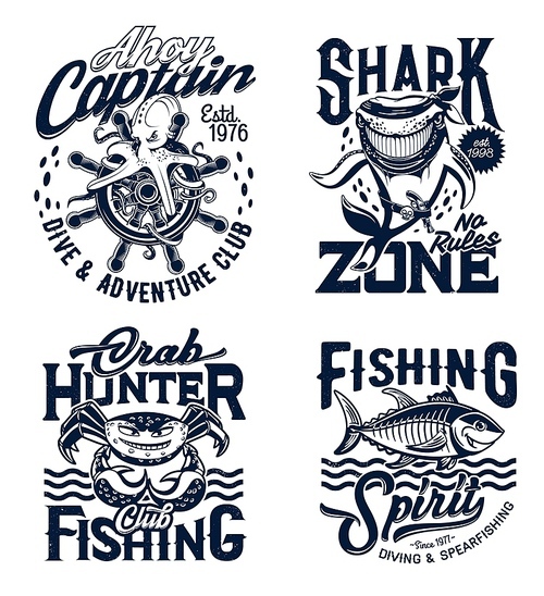 Tshirt prints with underwater animals, vector mascots for apparel design. Octopus, shark, crab and tuna fish isolated labels for fishing club or diving adventure team, t shirt prints or emblems set