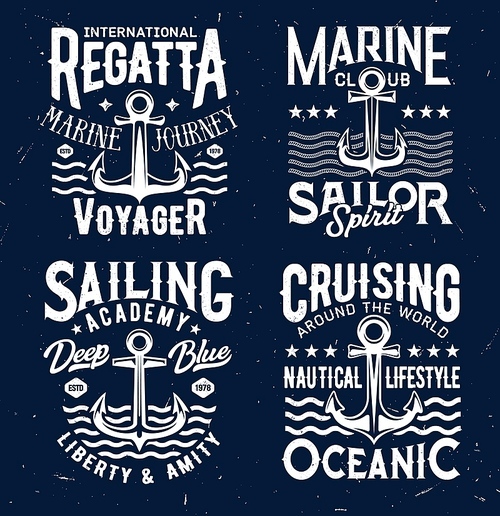 Tshirt prints with anchors and sea waves, apparel vector design. Isolated armature labels with typography for marine club, regatta, sailing academy t shirt prints, emblem on blue grunge  set