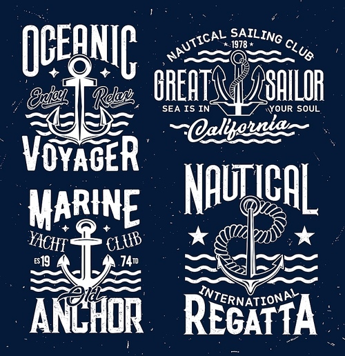 Ship anchor t-shirt  vector templates. Admiralty or fisherman, stockless anchor and retro typography. Nautical sailing or yacht club regatta competition emblem, yachtsmen apparel custom
