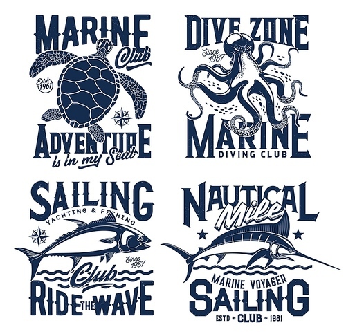 Nautical marine t shirt prints with sea waves, ocean club vector icons. Diving, sailing and yachting club emblems with turtle, octopus and tuna fish, navy blue nautical t-shirt prints for yacht sport