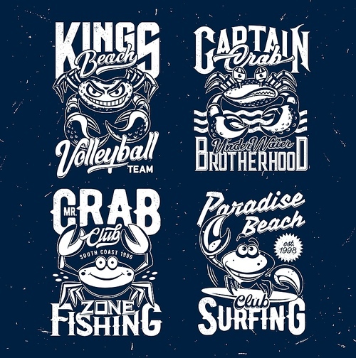 Crab t-shirt  vector mockups with cartoon crabs, funny sea food crustacean animals, ocean waves and surfing board. Custom apparel grunge badge templates of seafood restaurant, fishing sport club