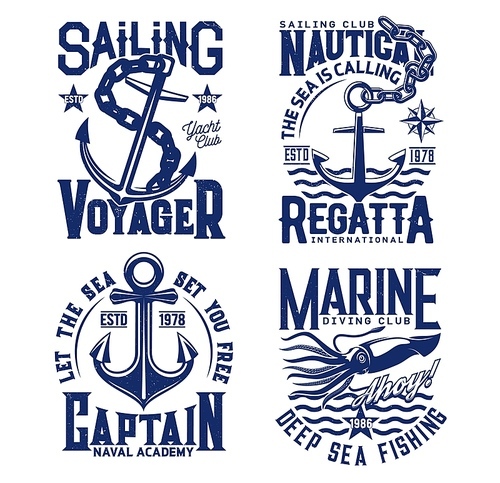 Anchor, nautical sailing t shirt prints with sea waves, yacht club and ocean fishing vector icons. Ship anchor on chain, marine regatta emblem of squid and Ahoy quote, captain academy and voyager sail