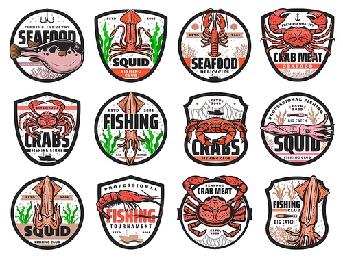 Sea fishing vector icons for seafood restaurant, fishing club catch tournament and fishery store. Sea crab, ocean lobster and squid, shrimp or prawn with puffer fish isolated emblems or labels set