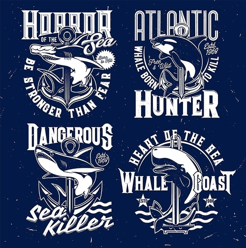 Nautical t-shirt prints, anchor and marine sea waves vector emblems. Shark and killer whale ocean fish blue signs with slogans and quotes, Atlantic fishers and hunters club grunge badges