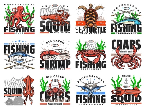 Sea fishing vector emblems for fishing club, professional catch tournament. Fishery equipment for catching sea crab, ocean lobster and squid, tuna, shrimp and prawn with octopus isolated icons set
