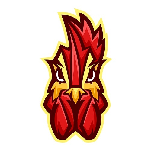 Mascot stylized rooster head. Illustration or icon of domestic bird.