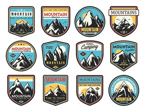 Mountain tourism and rock climbing vector icons set. Outdoor explore, extreme sport and adventure expedition. Rocks top and snowy peaks travel emblems, steep rocky hills and crests nature landscape
