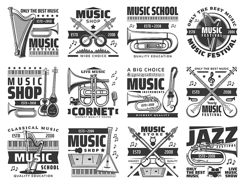 Music shop, festival and school retro icons. Vector vintage and modern instruments cornet, trumpet and kemanche with harp and gusli, balalaika and tar with drum kit instruments monochrome emblems set