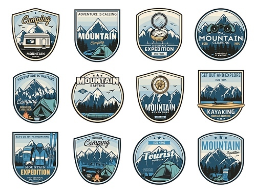 Mountain camping expedition, travel adventure icons and nature tourism badges, vector. Outdoor camp travel, mountaineering, climbing, rafting and kayaking, trekking and hiking tourist expedition