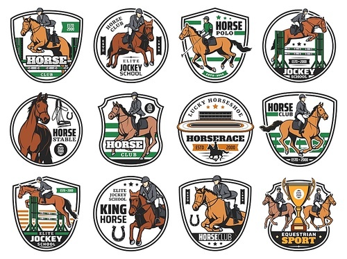 Horse races and jockey polo club emblems, equestrian sport rides, vector icons. Equine steeplechase championship, jockey school and hippodrome training, elite horse polo cup badges